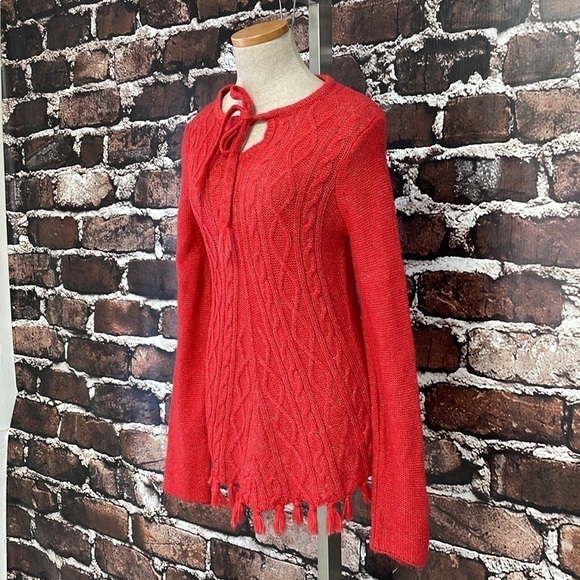 Prana Sweater Women's S Small Red Cable Knit Pullover Long Sleeve Tassles - Picture 6 of 14